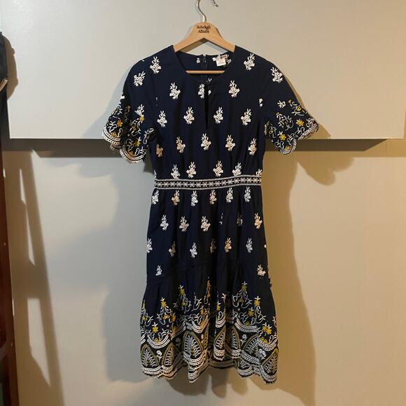 Shoshanna Richa Dress SZ 2 Navy Embroidered Eyelet Scalloped Ruffle Dress $418 - Picture 3 of 13